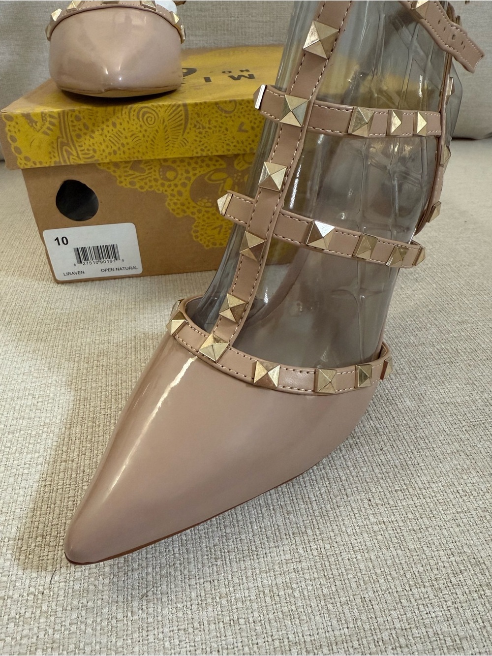 Mix No. 6 Nude Patent Pointed Toe Studded Strappy Pump